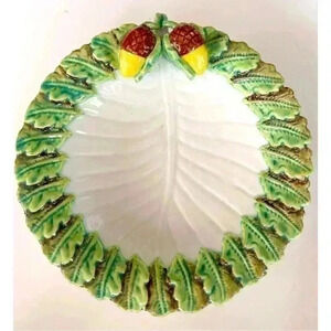 Vintage Italian Majolica Style  Leaf Dish with Acorns